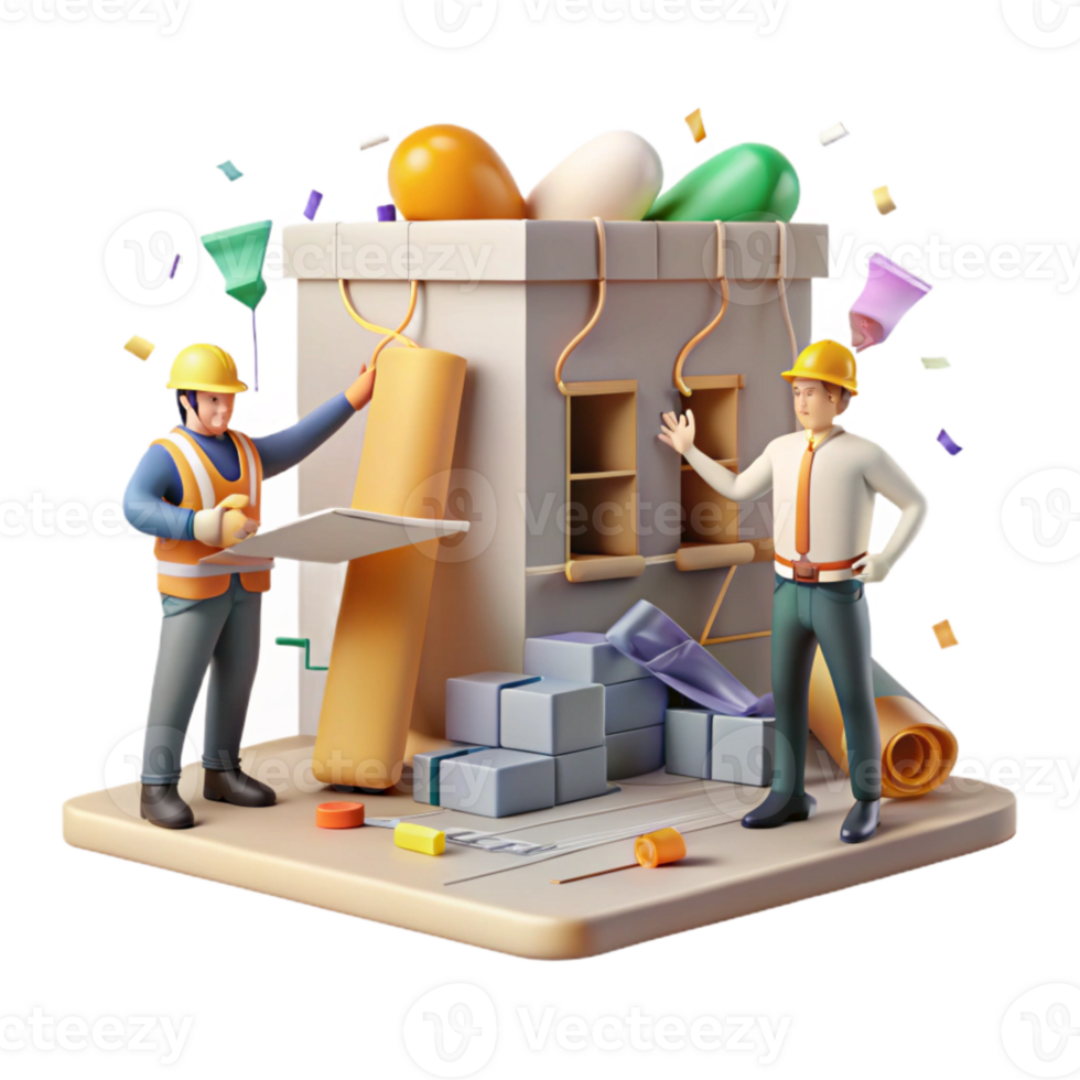 vibrant modern Building Renovation Process with Construction Workers Transparent Background professional png