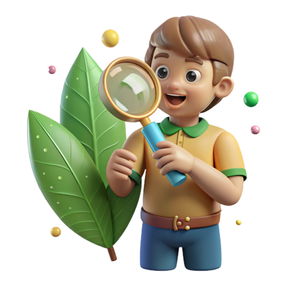 wonderful artistic Boy Examining Leaf with Magnifying Glass Transparent Background high quality png