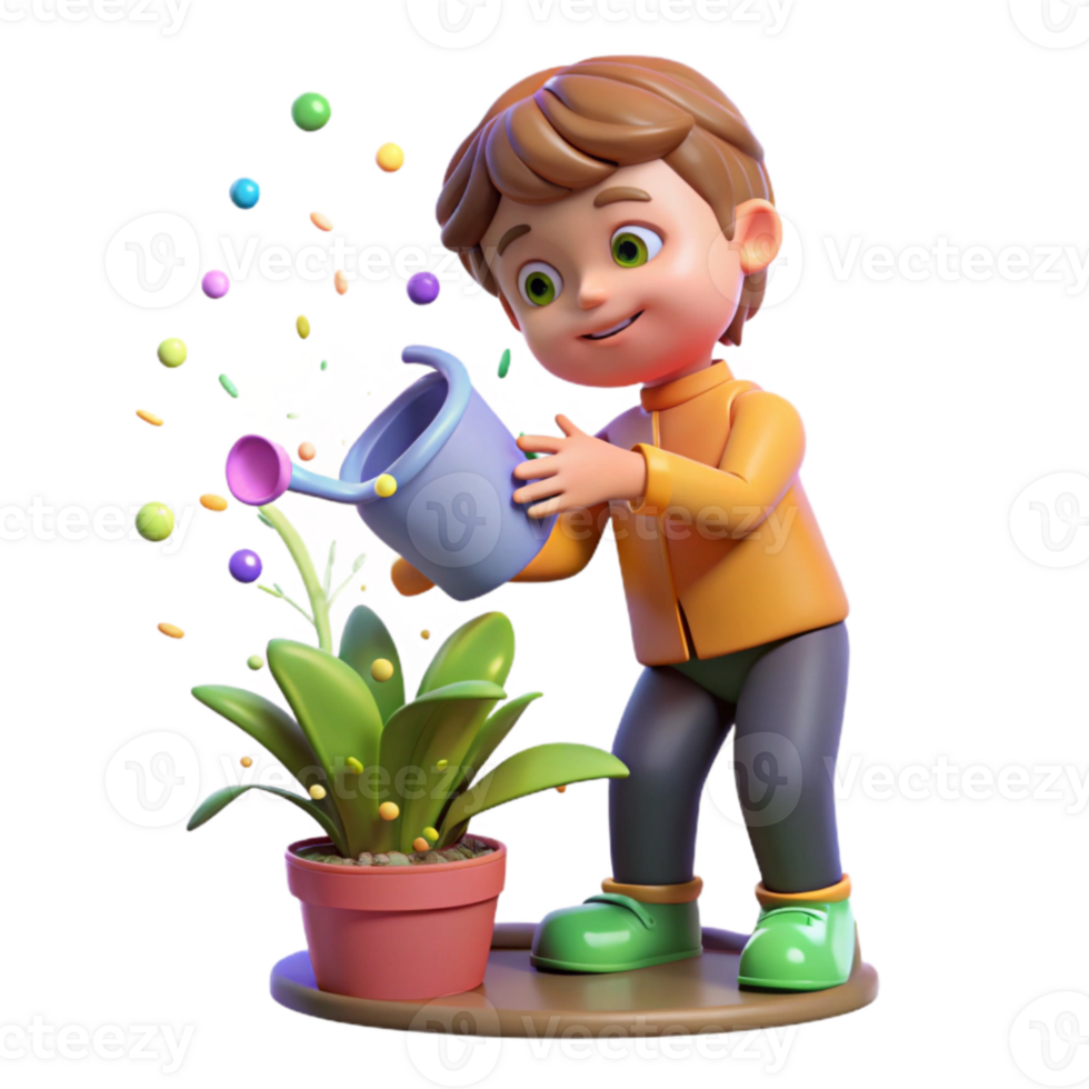 wonderful creative Child Watering Plant Gentle Lighting Isolated authentic png