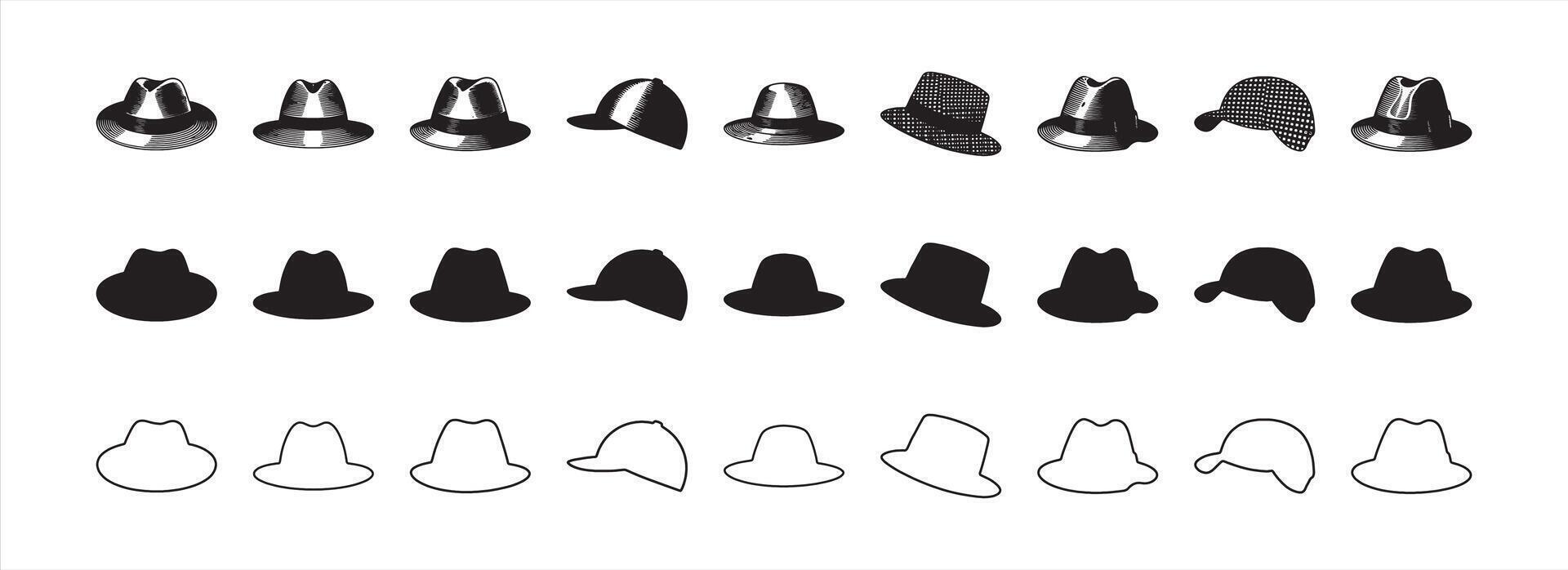 Stylish Black Sun Hat Outline and Filled Icons Collection Isolated on White Background vector