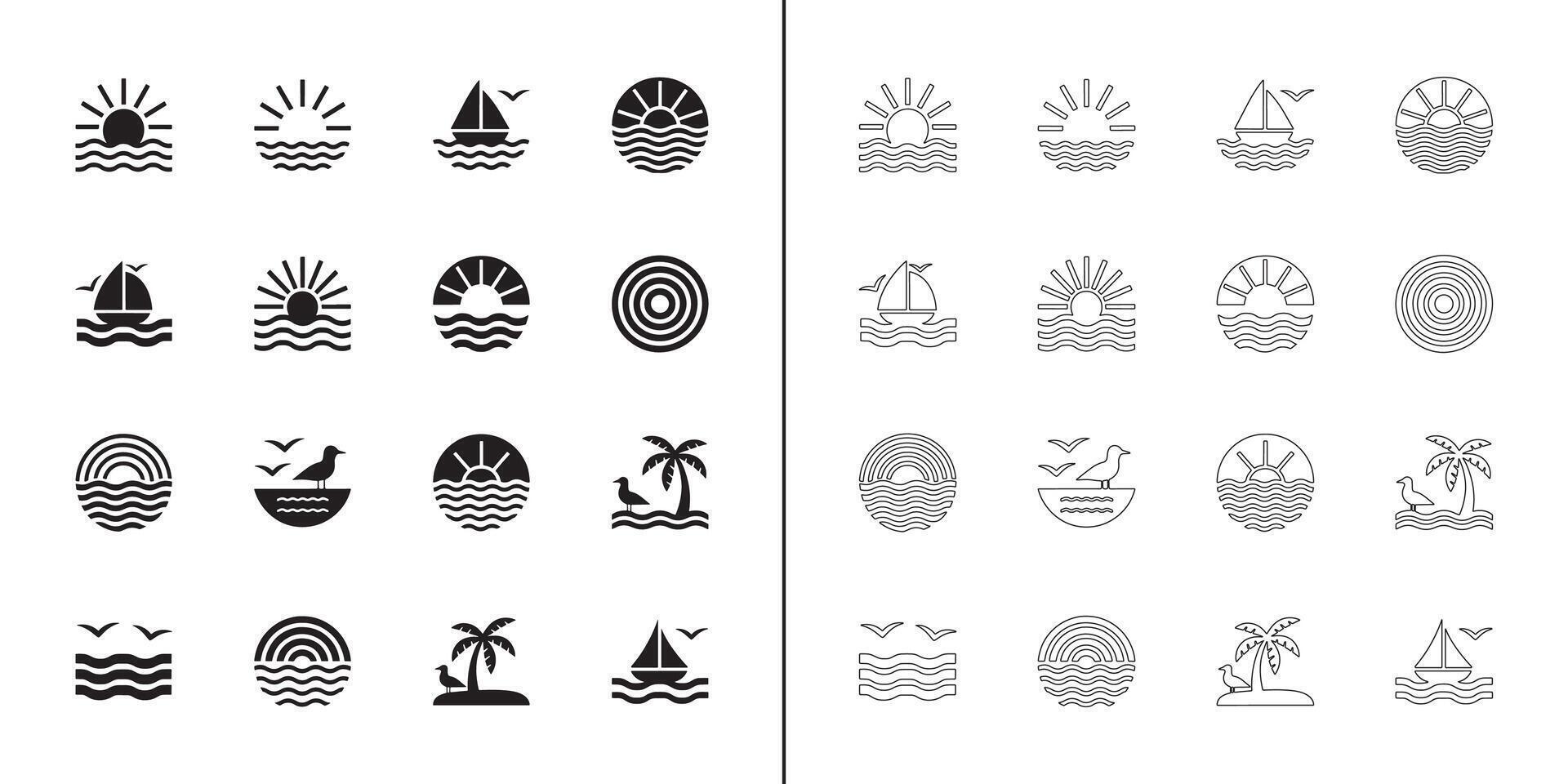 Minimalist Black and White Silhouette Set of Tropical Summer Elements and Beach Icon Pack with Coastal and Ocean Symbols in Outline and Filled Style vector