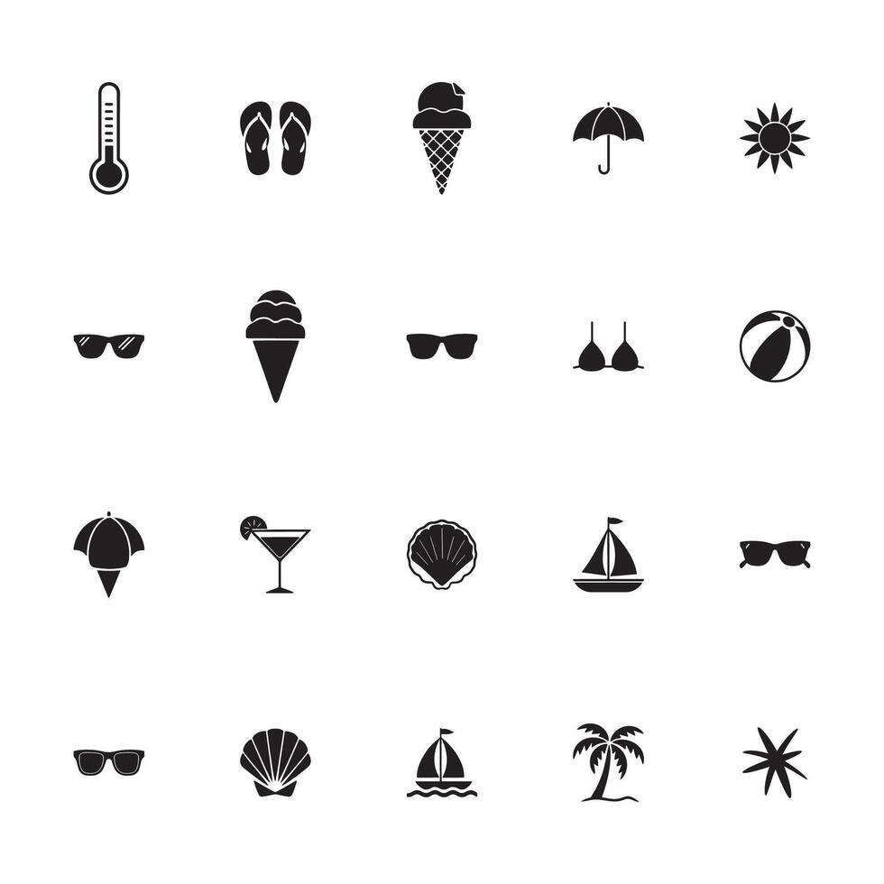 Minimalist Silhouette Set of Tropical Summer Elements and Beach Icon Pack with Coastal and Ocean Symbols, Black and White Beach Holiday Icons vector