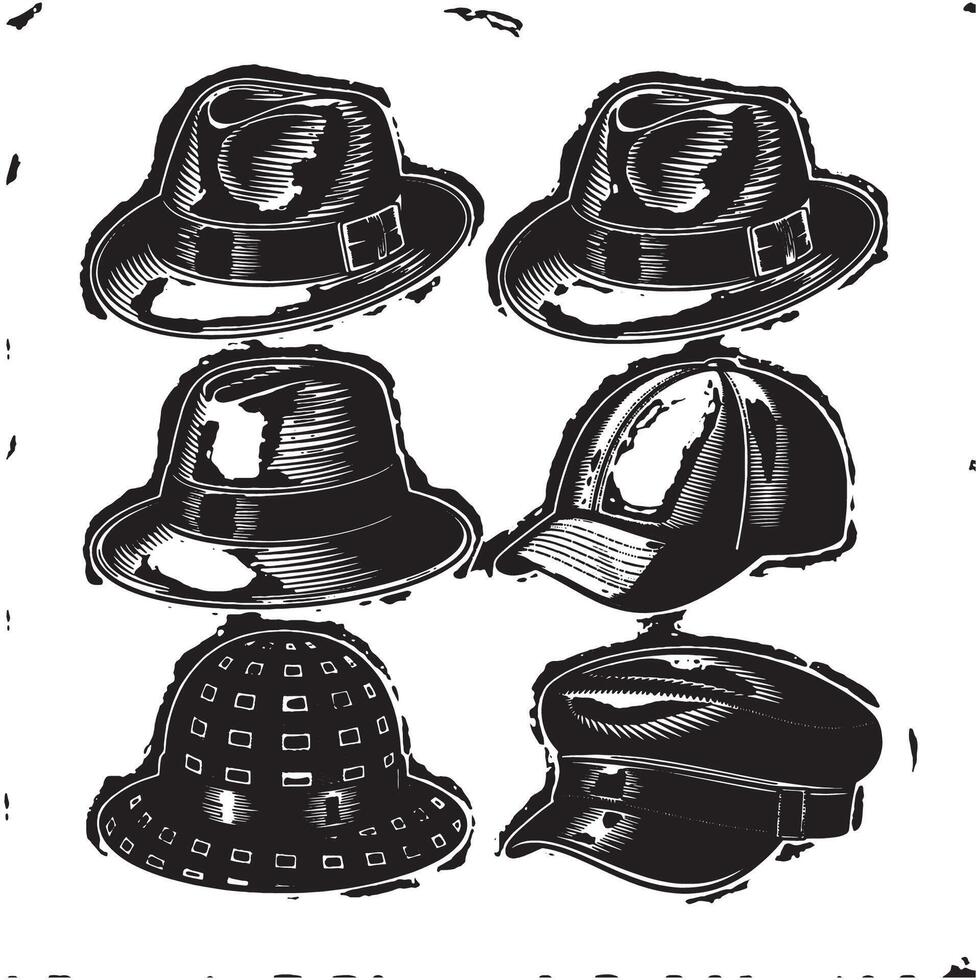 A collection of stylish black sun hats in various classic and vintage designs vector