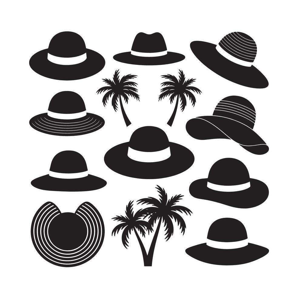 Silhouette Illustration set showing summer hats and beach palm trees in a tropical vacation style vector