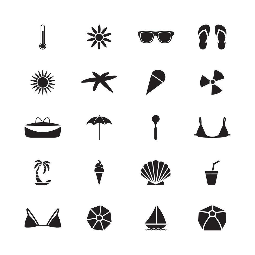 Modern Silhouette Set of Tropical Summer Elements and Beach Icon Pack with Coastal and Ocean Symbols, Black and White Beach Holiday Icons vector