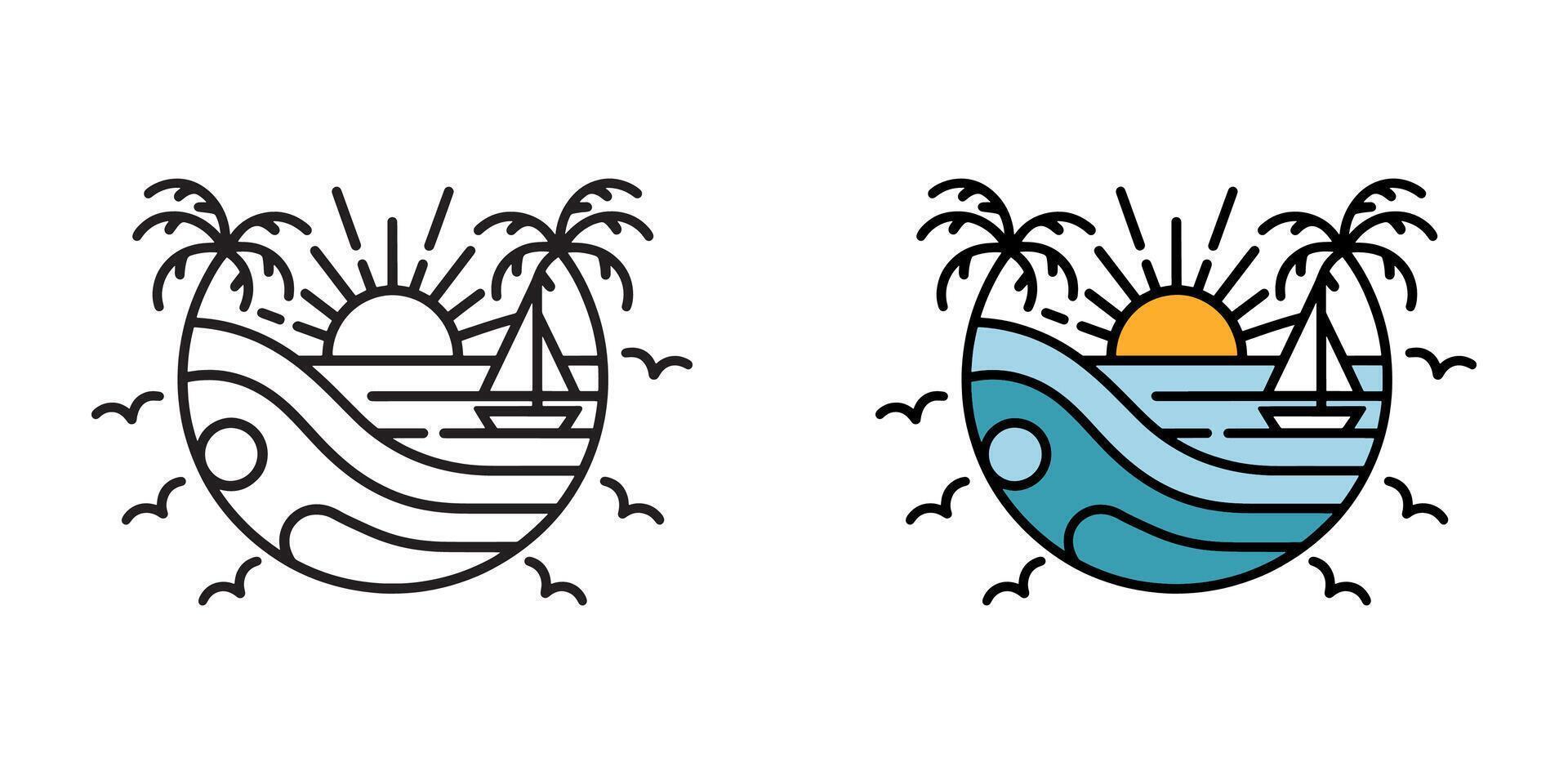 Summer Beach Sunset Line Icon Set with Palm Trees, Boat and Ocean Waves - Colored and Outline Style Silhouette Illustration vector