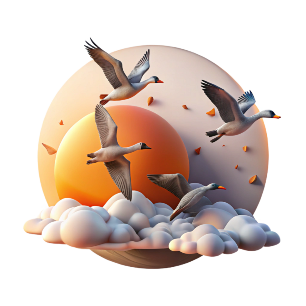 elegant rustic Flying Geese Migration Formation Isolated Sunset Clouds Transparent Background professional png