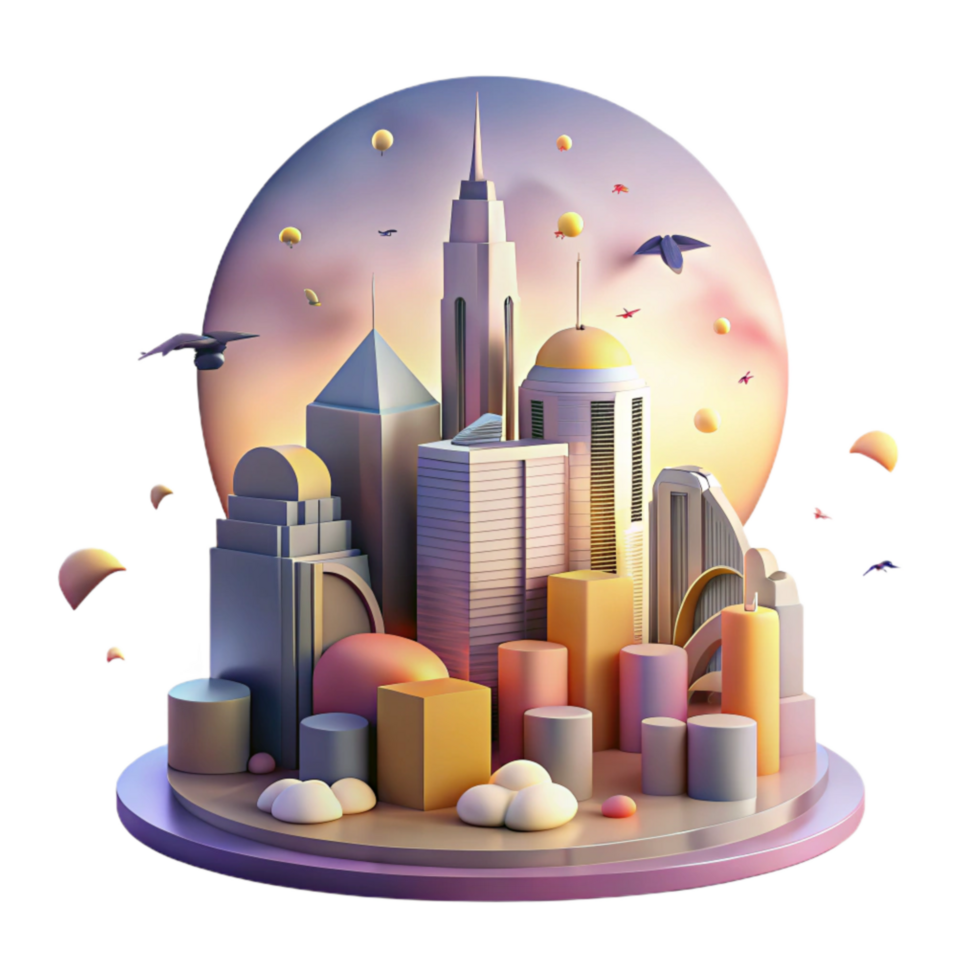 elegant artistic City Skyline with Bird Silhouette Cutout Sunset Colors high quality png