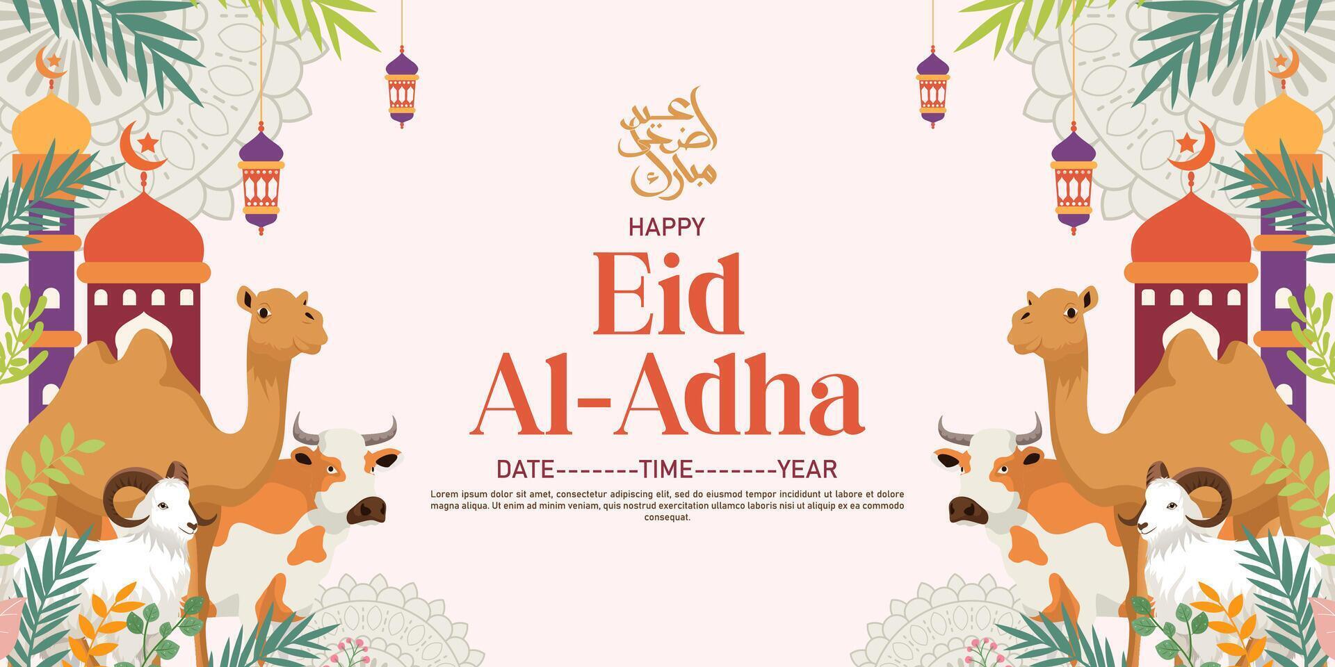 happy eid al-adha background with illustration of camel, sheep and mosque background vector