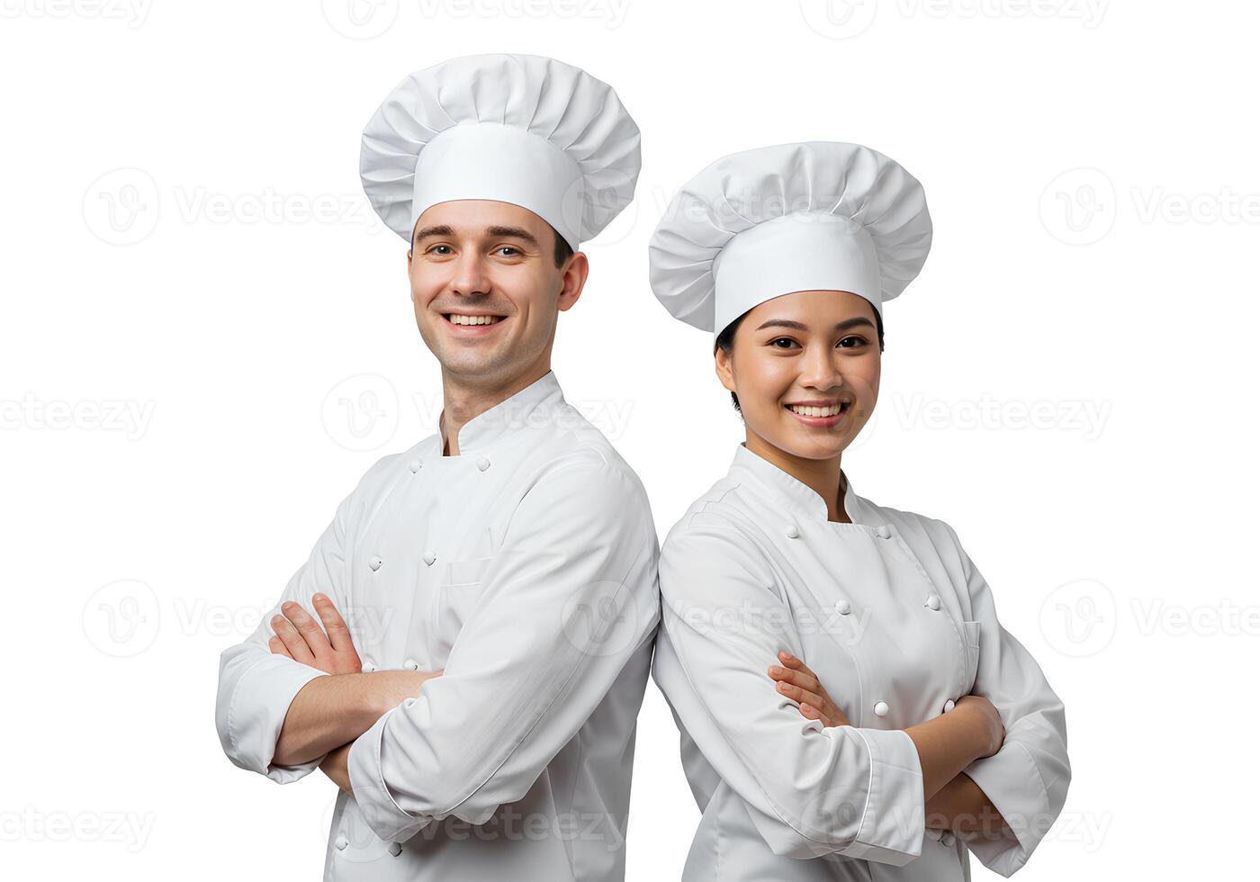 Two Professional Chefs Standing Confidently in White Uniforms photo