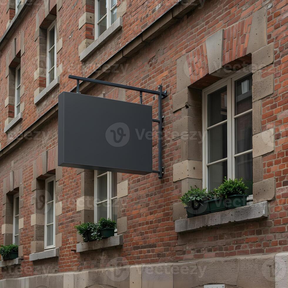 Blank Storefront Sign on Brick Wall in Urban Setting for Mockup 3 photo