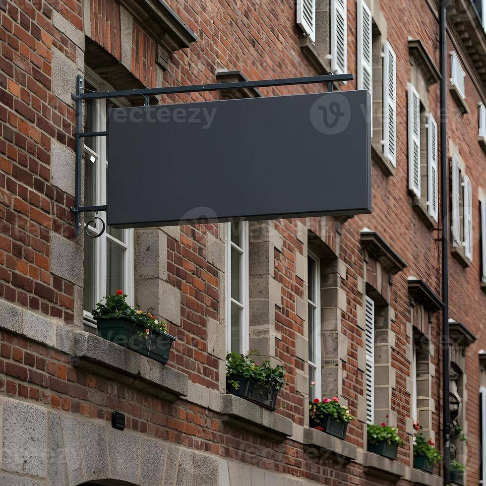 Blank Storefront Sign on Brick Wall in Urban Setting for Mockup 2 photo