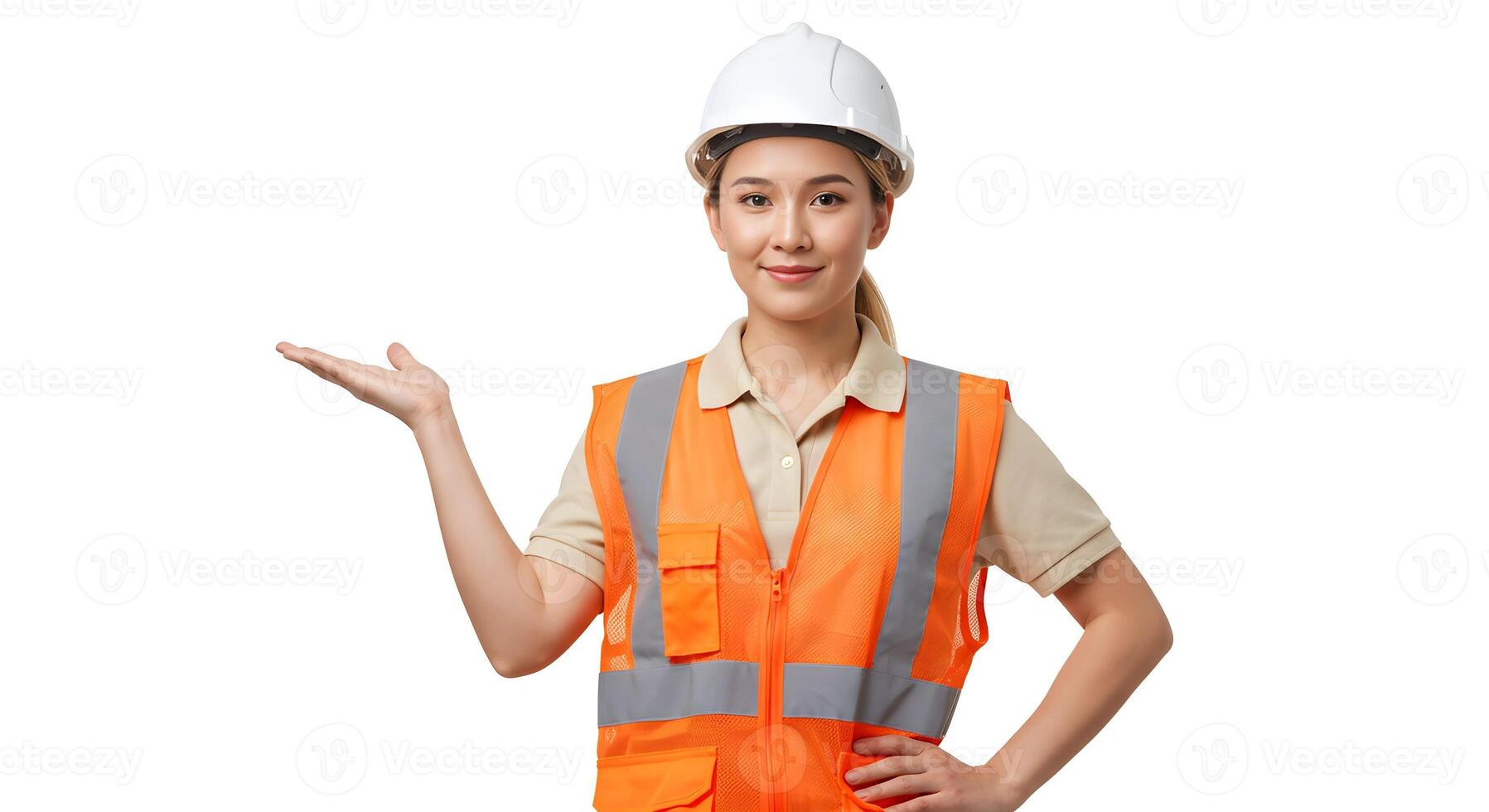 Female Construction Worker in Safety Gear Posing with Hand Gesture for Presentation 4 photo