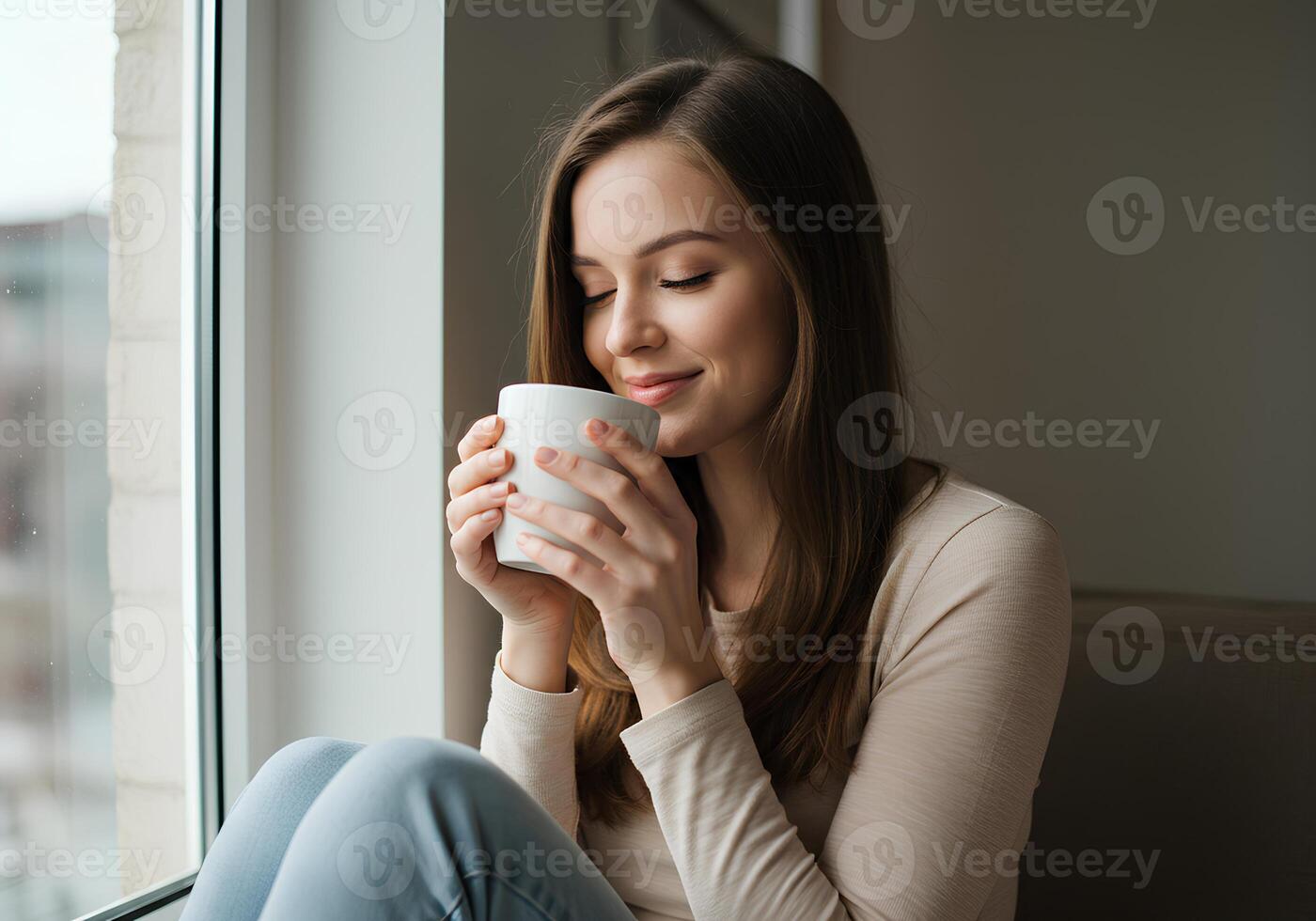 Relaxed Woman Enjoying a Warm Coffee by a Bright Window 1 photo
