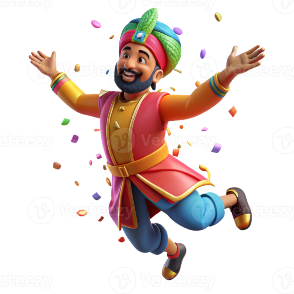 impressive modern Bhangra Dancer Energetic Movement Colorful Costume Transparent Background professional png