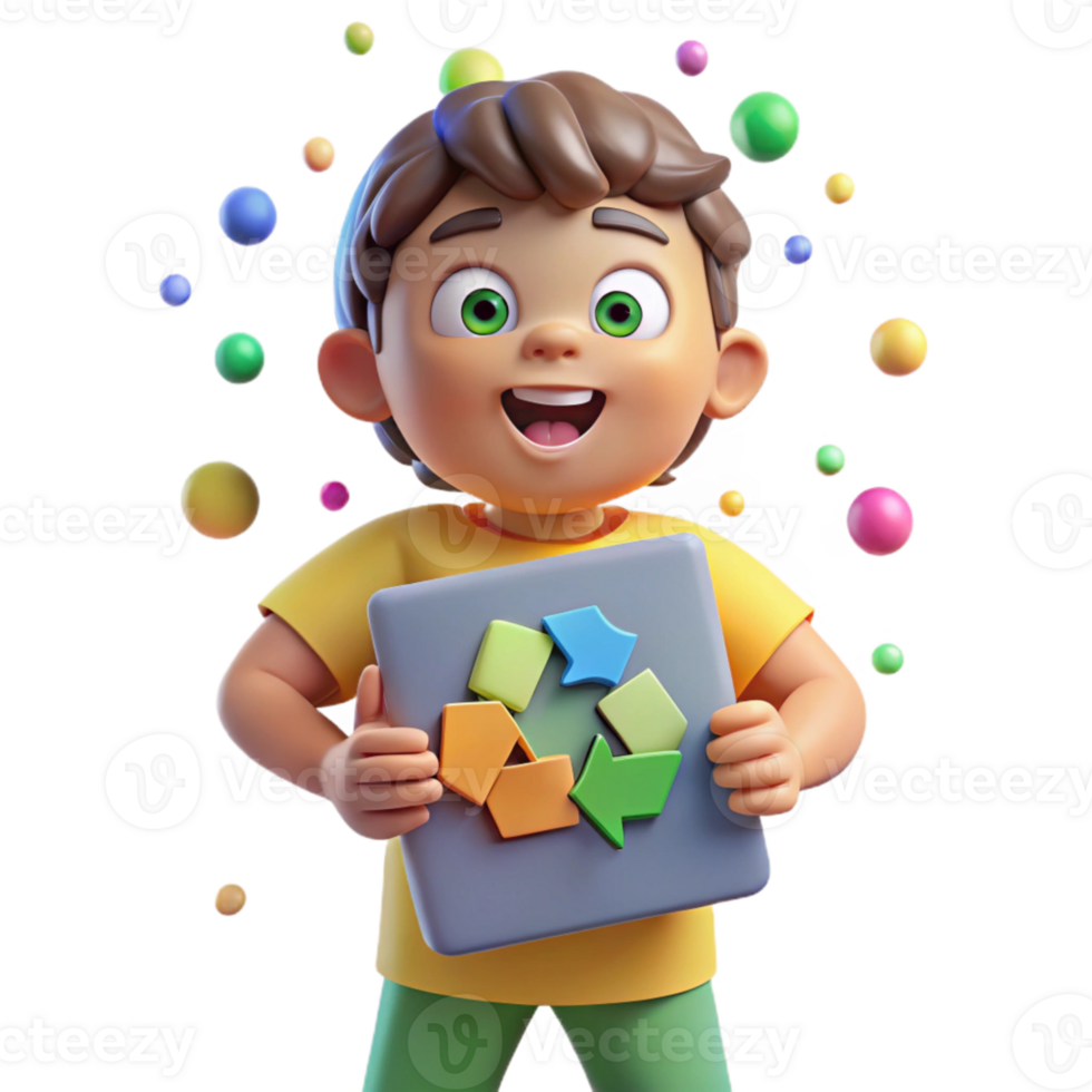 elegant minimalist Child Holding Recycling Sign Bright Colors Transparent Background exclusive png