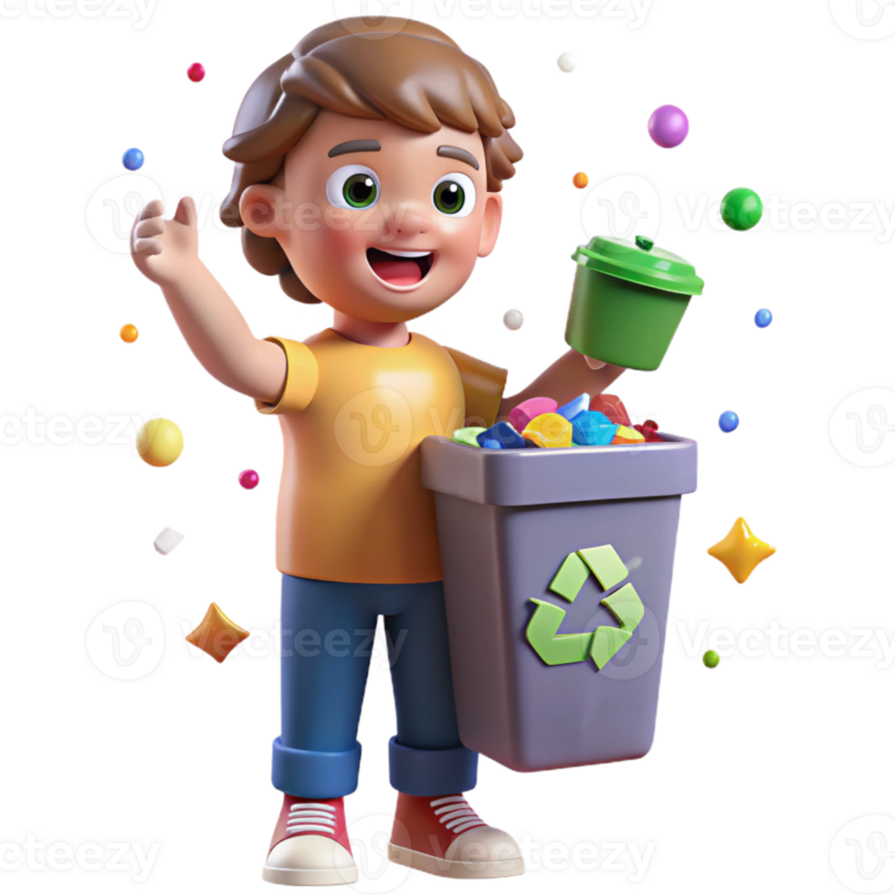 impressive traditional Child Holding Recycling Bin with Colorful Plastics Cutout professional png