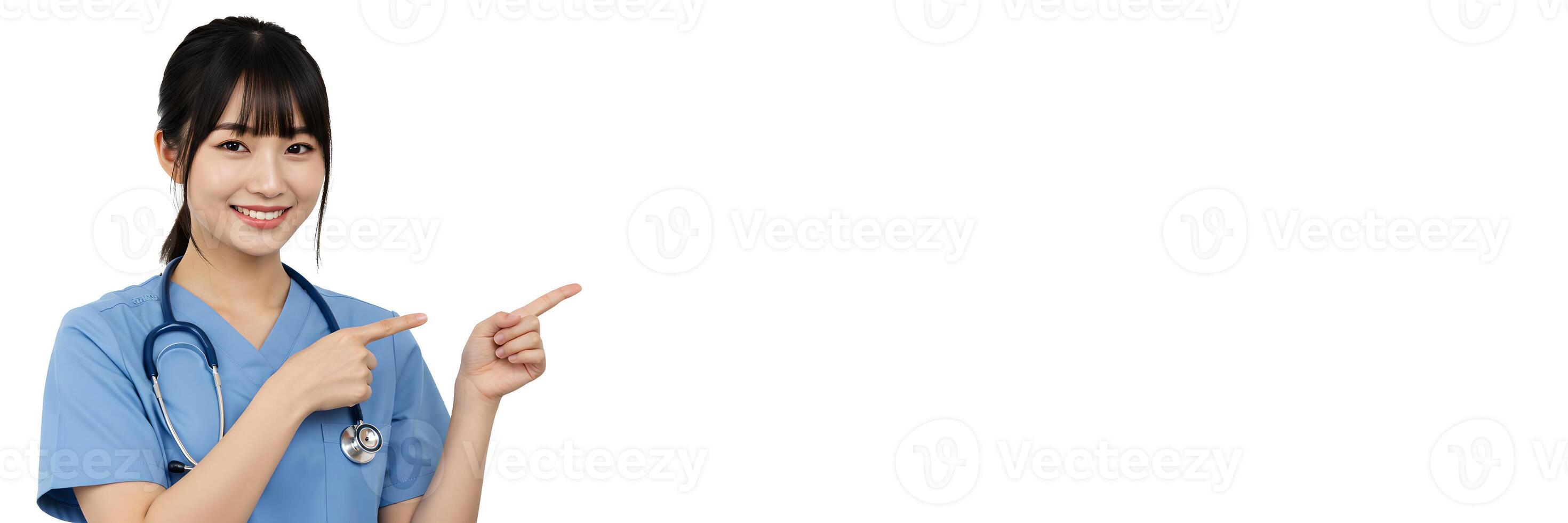 Smiling Nurse Pointing to Copy Space for Text Background 1 photo