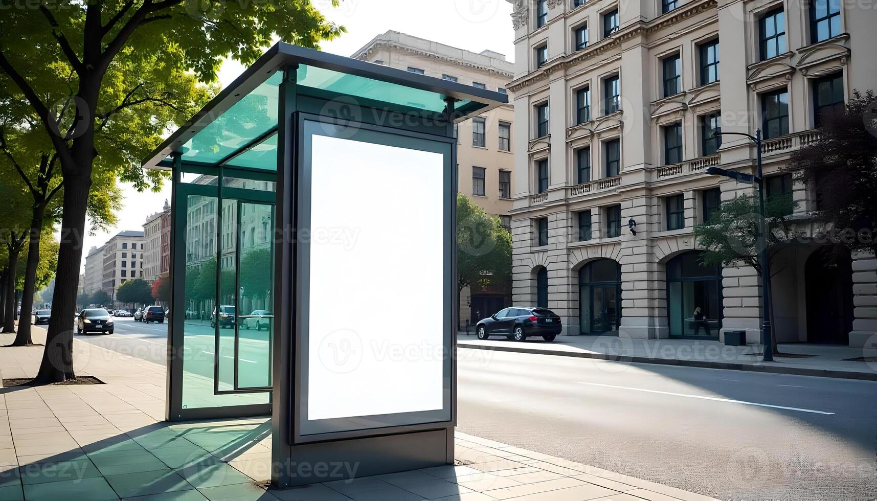 Blank Advertisement Display for Mockup on a Modern City Bus Stop photo
