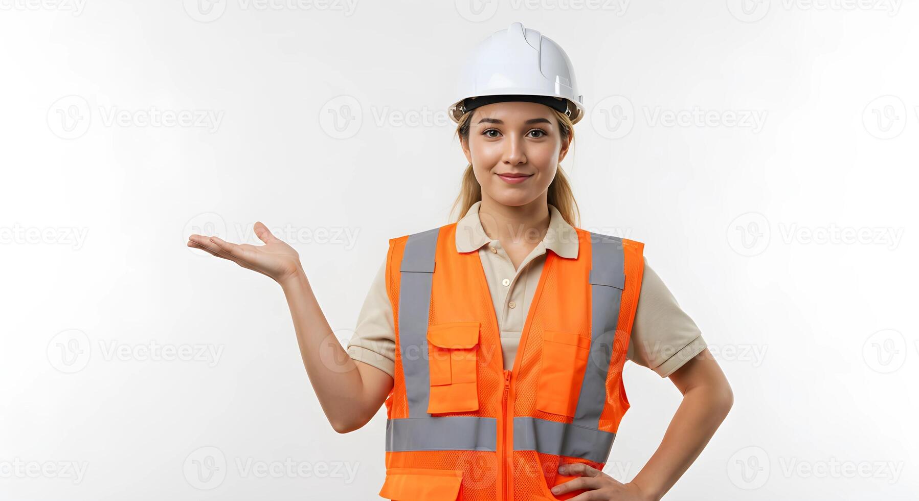 Female Construction Worker in Safety Gear Posing with Hand Gesture for Presentation 1 photo
