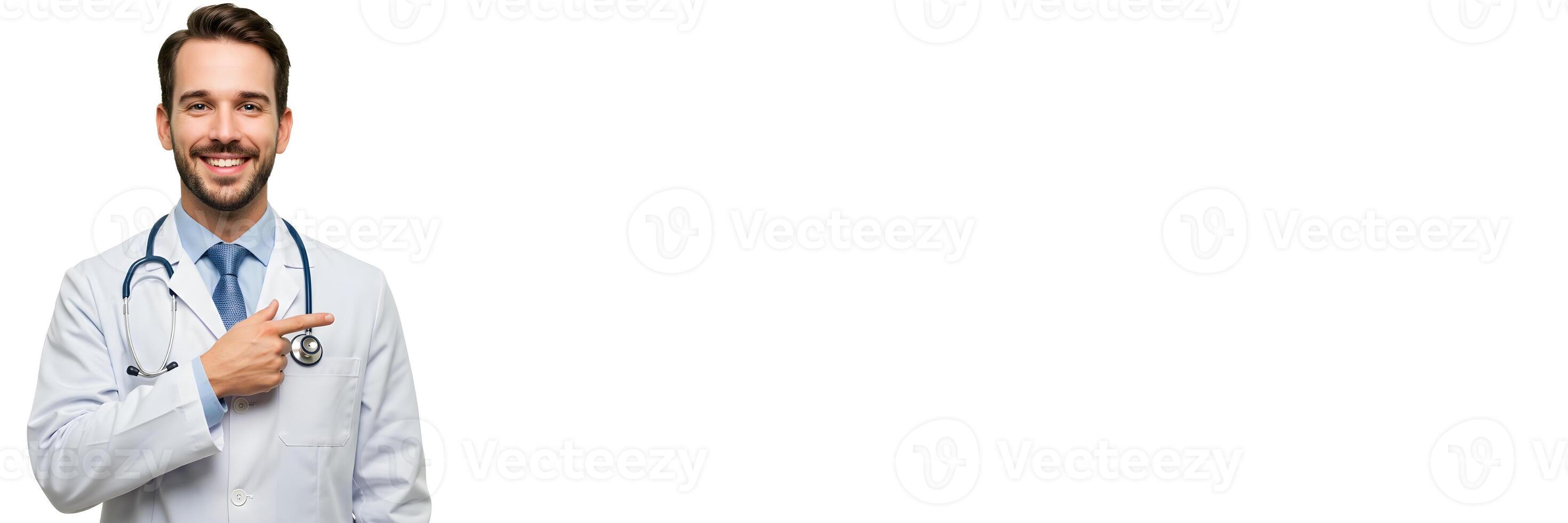Smiling Doctor Gesturing to Blank Space for Medical or Healthcare Message Banner 3 photo