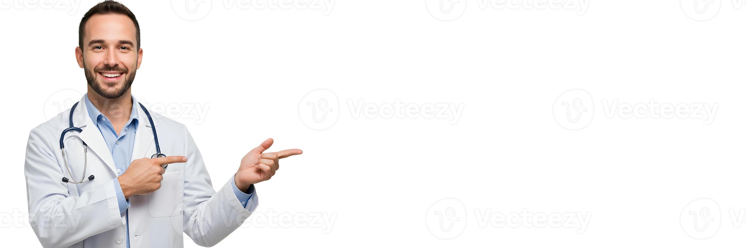 Smiling Doctor Gesturing to Blank Space for Medical or Healthcare Message Banner 1 photo