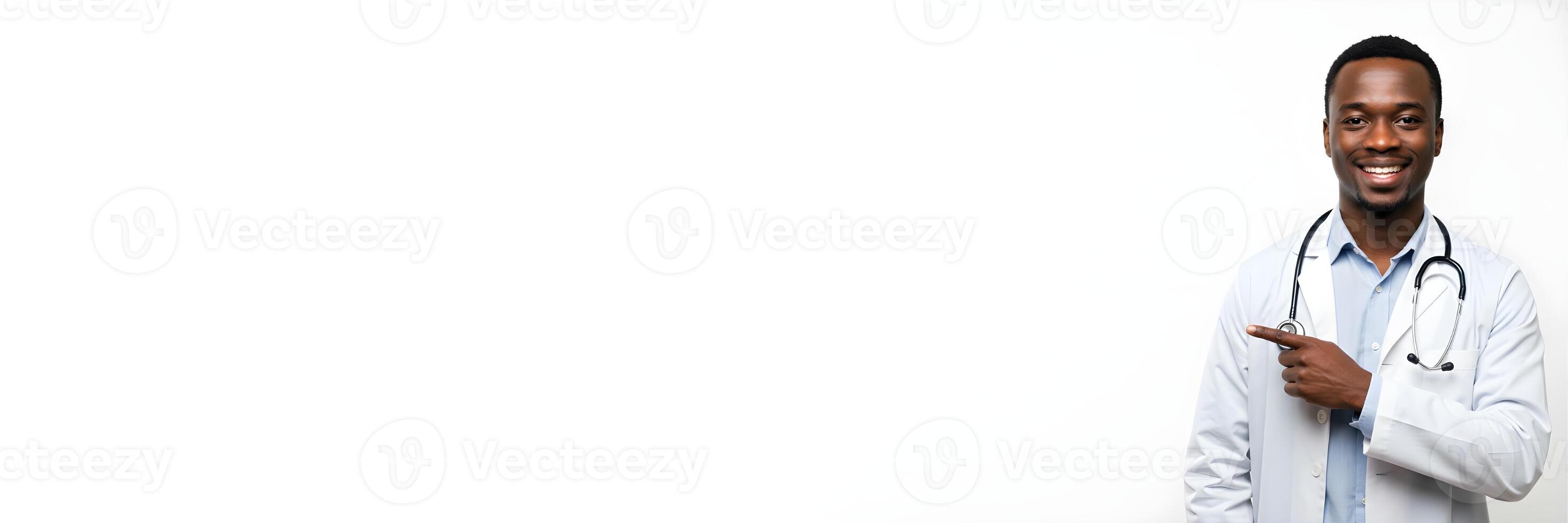 Smiling Doctor Gesturing to Blank Space for Medical or Healthcare Message Banner 5 photo