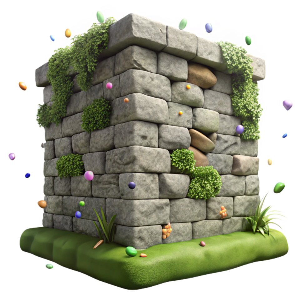 vibrant modern Old Stone Wall Section Cutout Isolated with Moss Growth genuine png