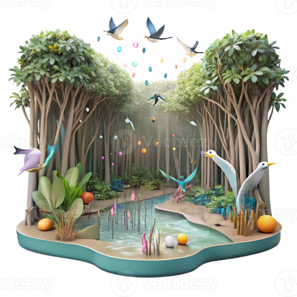 serene artistic Mangrove Forest Panorama with Birds Cutout on Transparent Background professional png