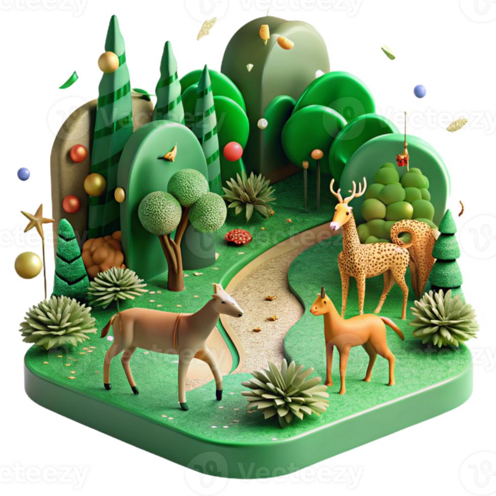 vibrant abstract Green Wildlife Corridor Illustration with Animals Isolated authentic png