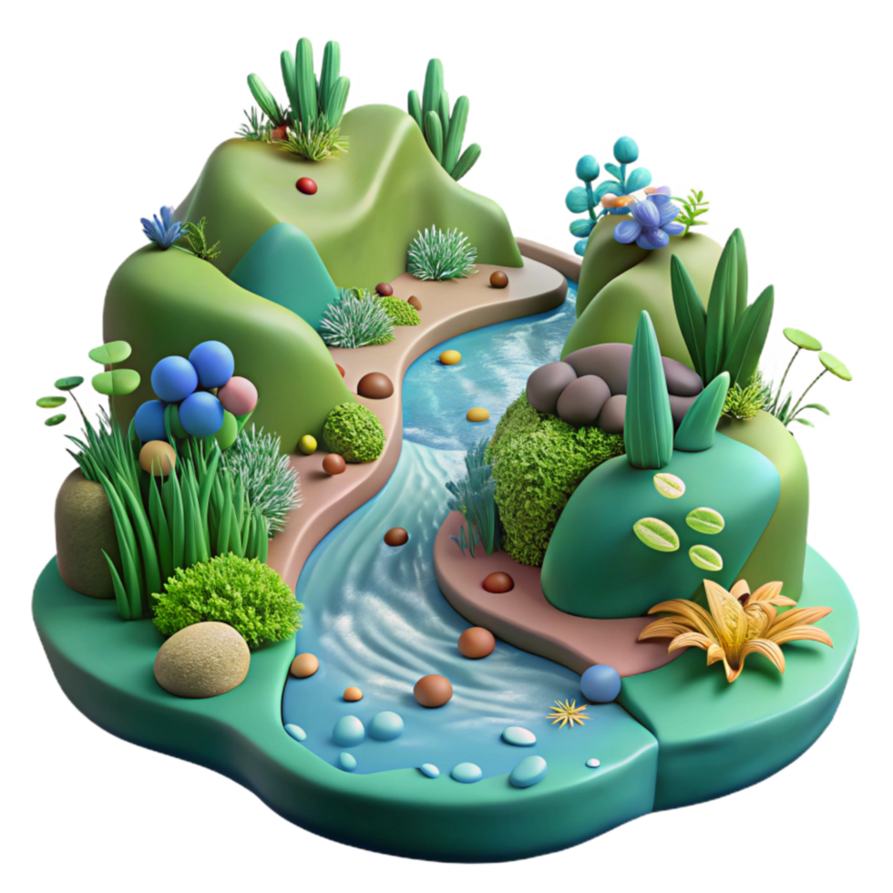 vibrant rustic Healthy River Ecosystem Cutout with Lush Vegetation Isolated png