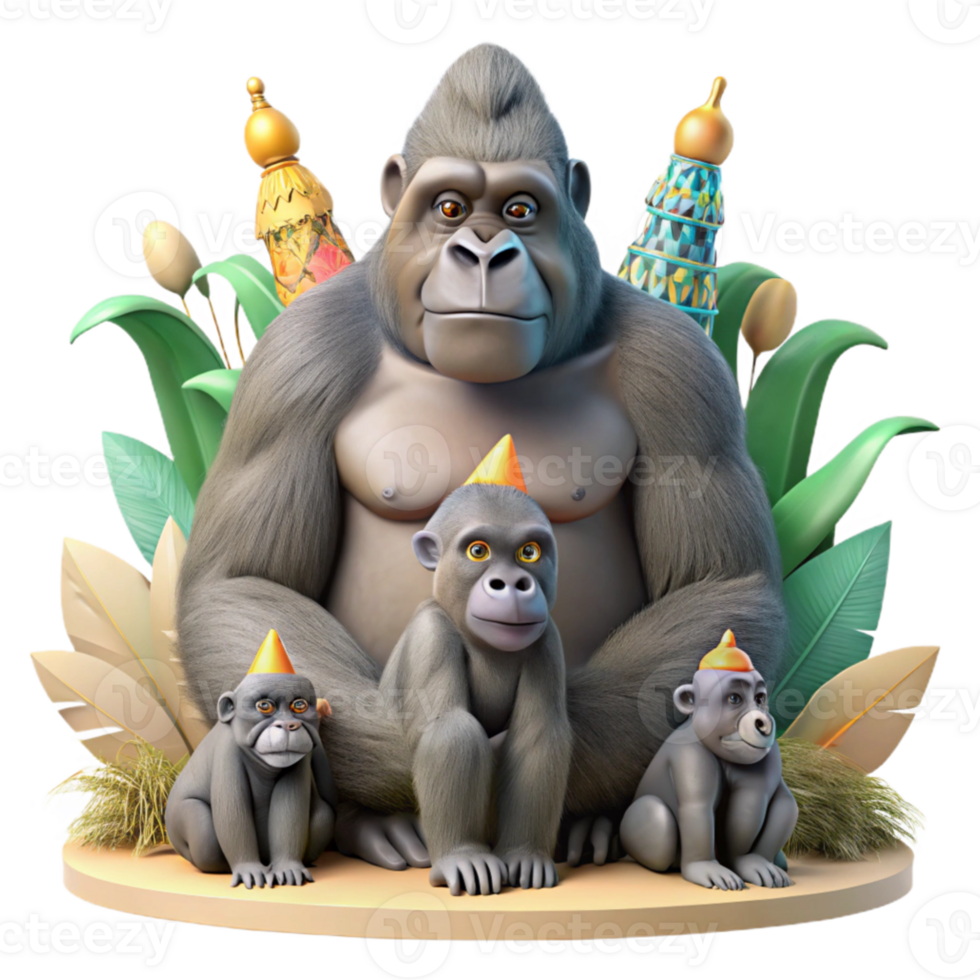 elegant creative Gorilla Family in Zoo Enclosure Isolated Transparent Background exclusive png
