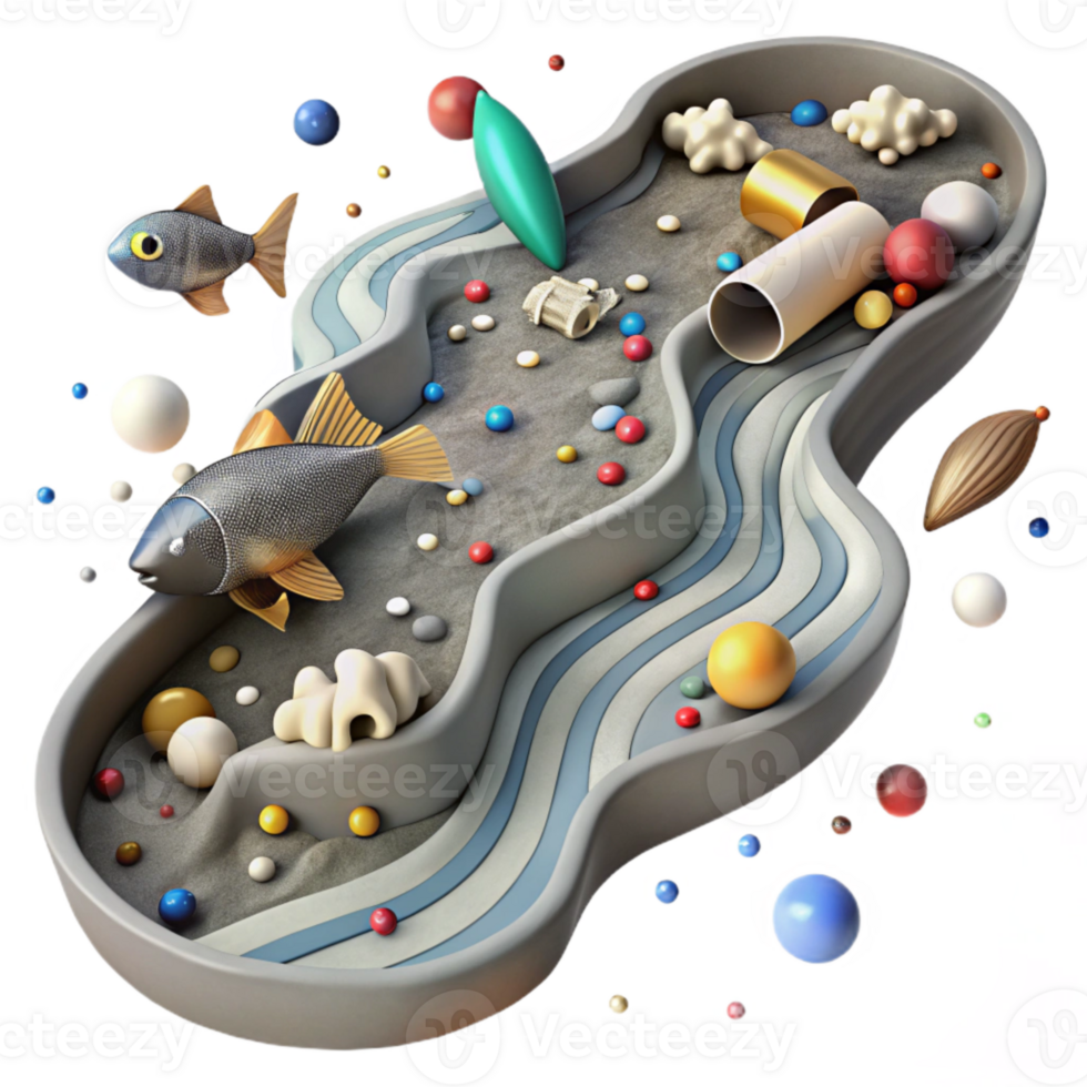 dramatic creative Polluted River with Dead Fish Top View Cutout premium png