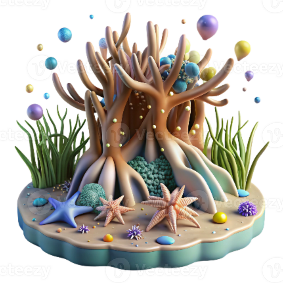 beautiful minimalist Mangrove Roots and Marine Life Transparent Background authentic png