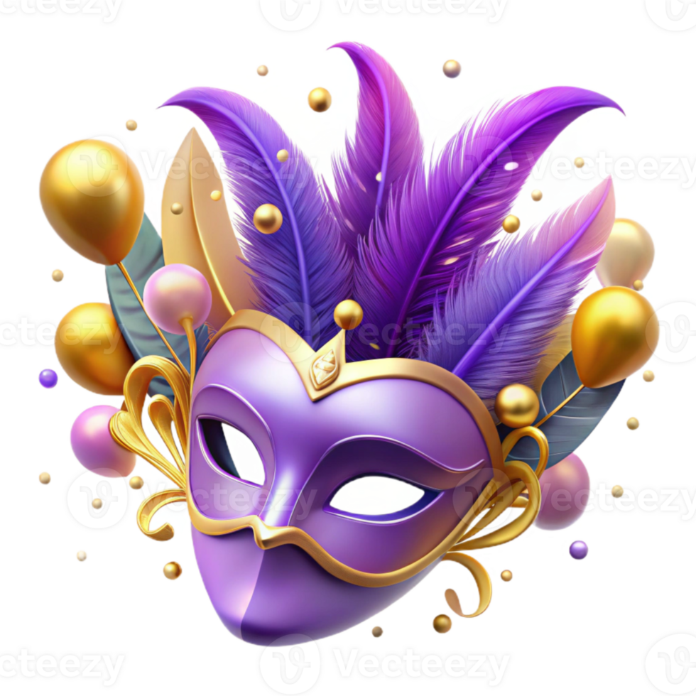 magnificent creative Mardi Gras Mask Feathered Isolated Purple and Gold professional png