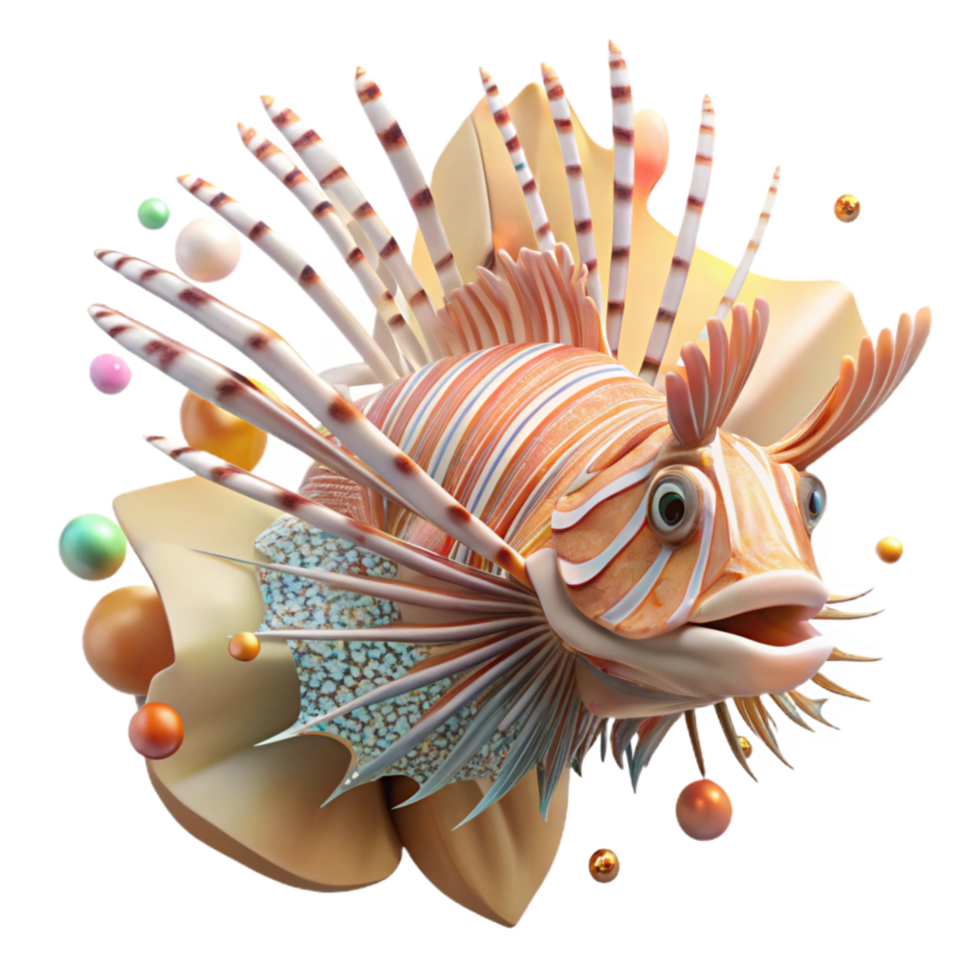 stunning rustic Lionfish Disrupting Coral Reef Side View Transparent Background high resolution png