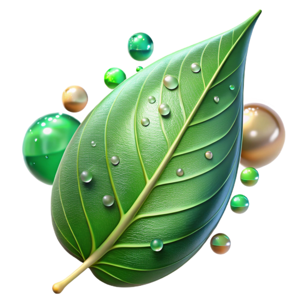 vibrant artistic Green Leaf with Dewdrops Isolated premium png
