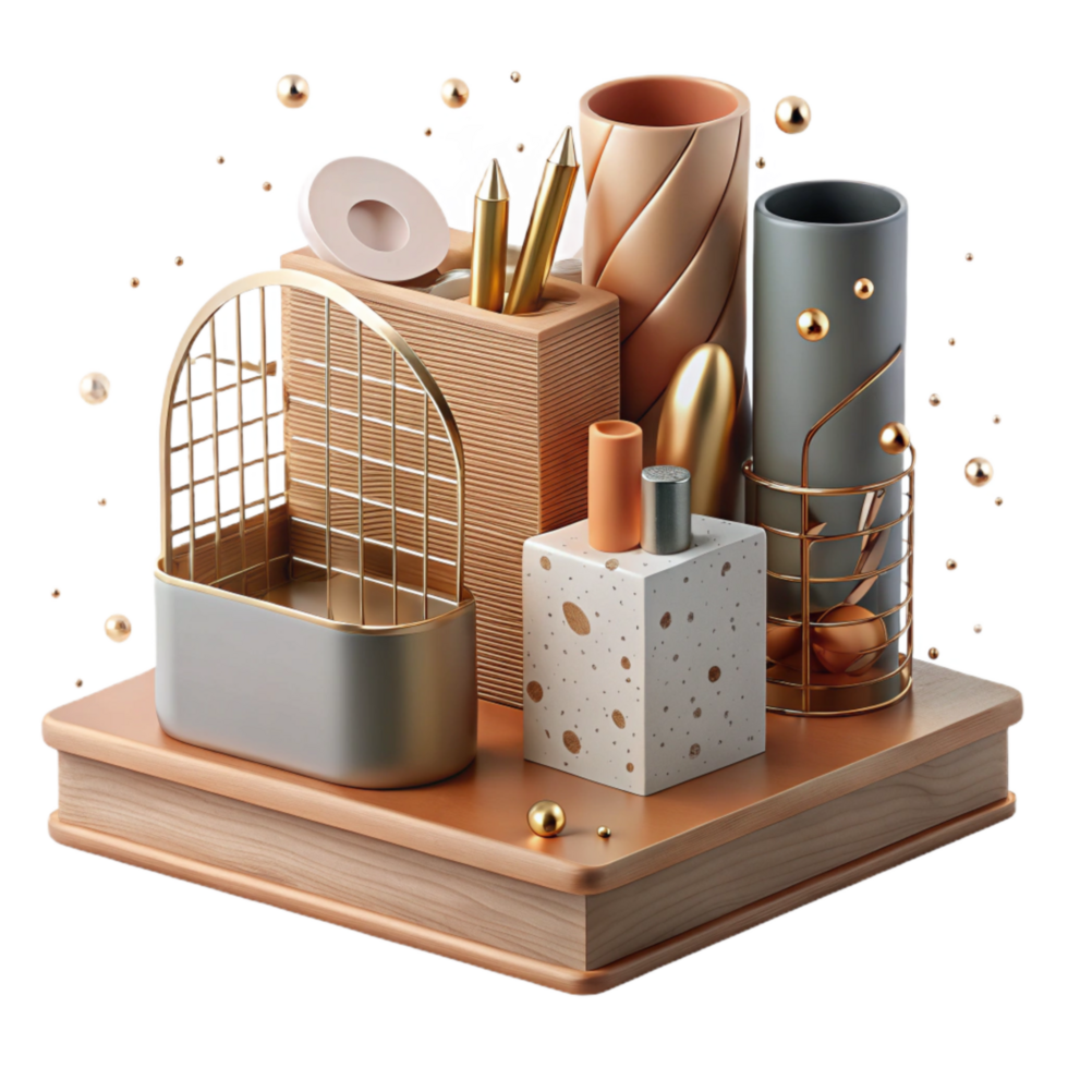 stunning abstract Minimalist Desk Organizer Wood and Metal Transparent Background premium png