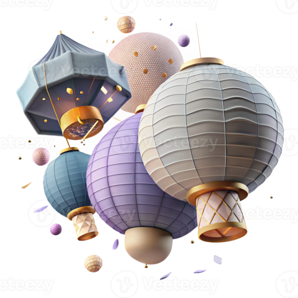 dramatic modern Obon Festival Paper Lanterns Floating in the Sky detailed png