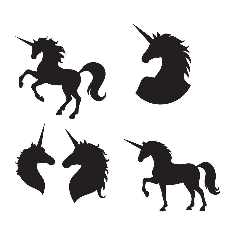 Compilation of unicorn shadow figures on a white background vector