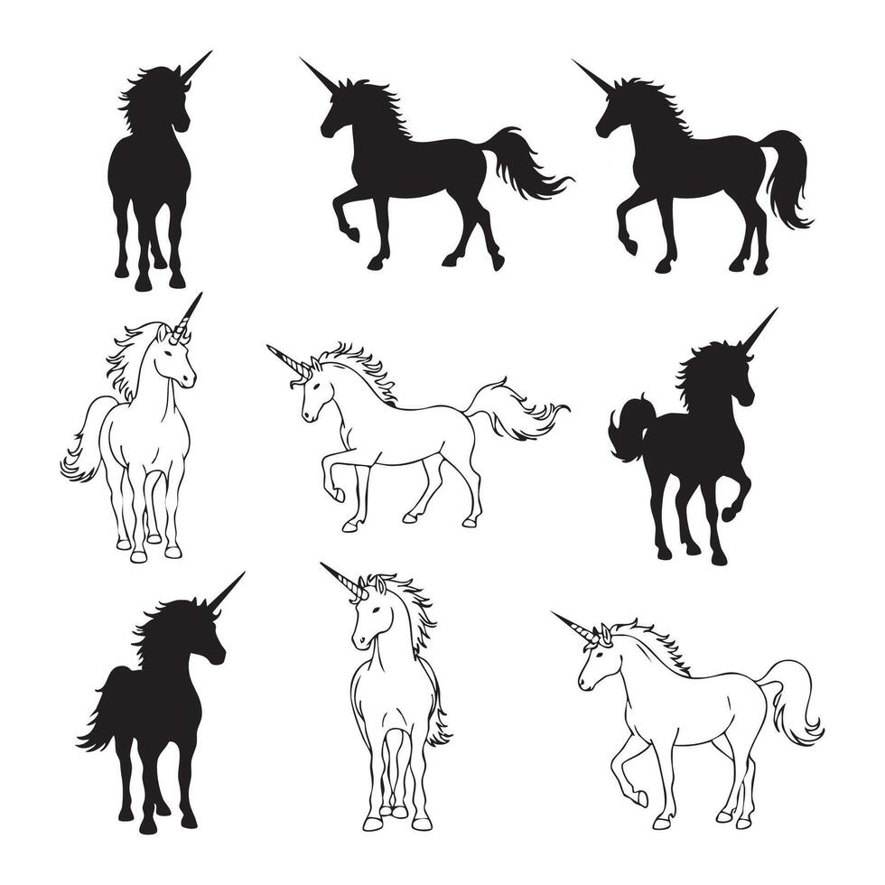 Silhouettes of unicorns featured on a white background vector