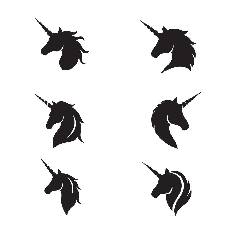 Set of black unicorn outlines on a white canvas vector