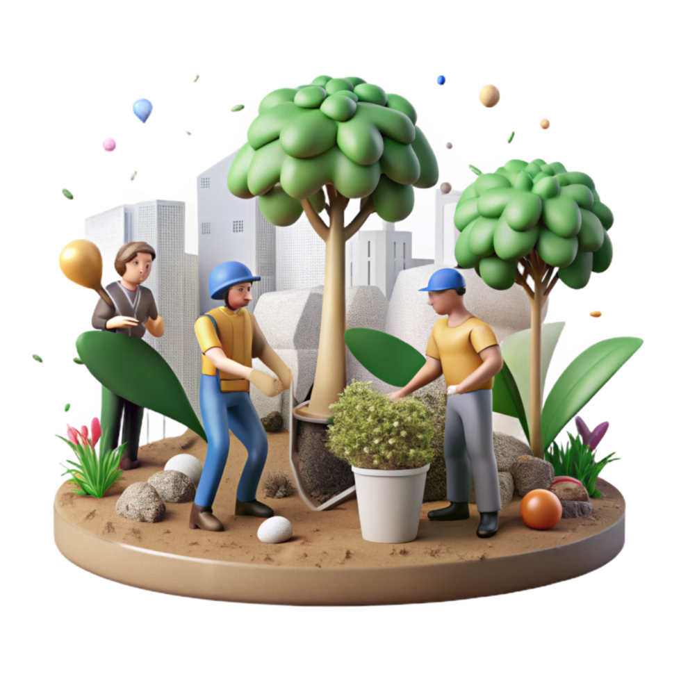 elegant creative Group Planting Trees in Park Wide Angle Cutout professional png