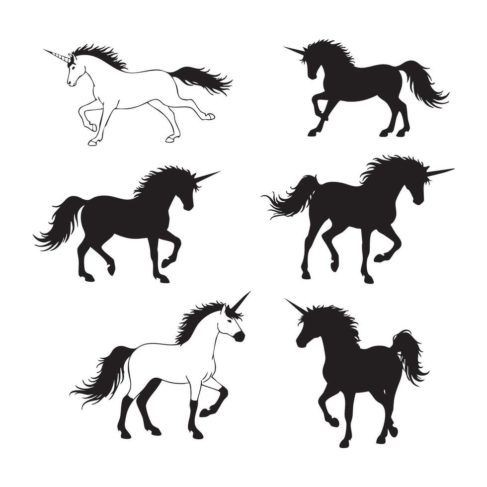 Design pack of unicorn silhouettes laid out on a white background vector