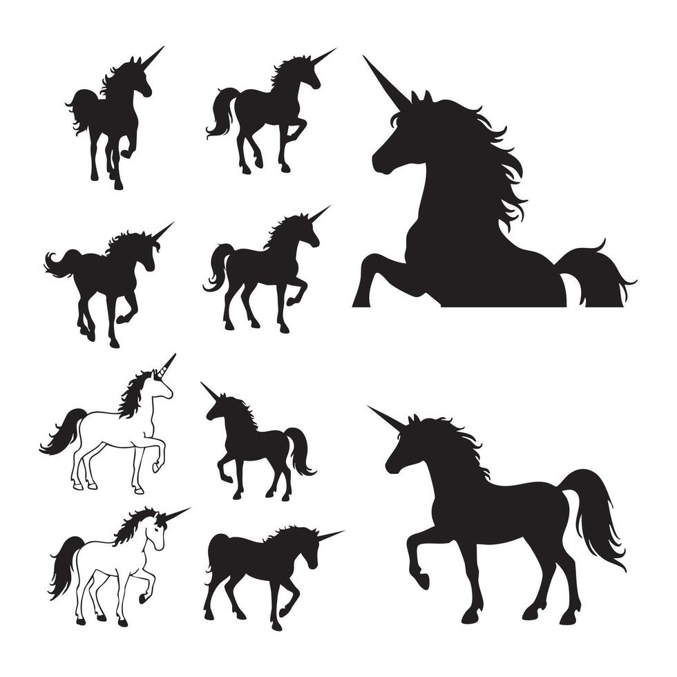 Series of unicorn silhouette graphics on white vector