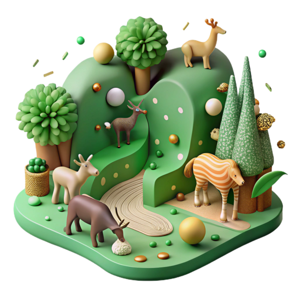 serene artistic Green Wildlife Corridor Illustration with Animals Isolated detailed png