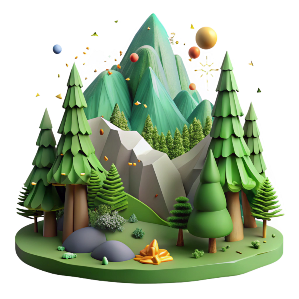 magnificent creative Mountain Forest Scene Cutout with Lush Greenery original png