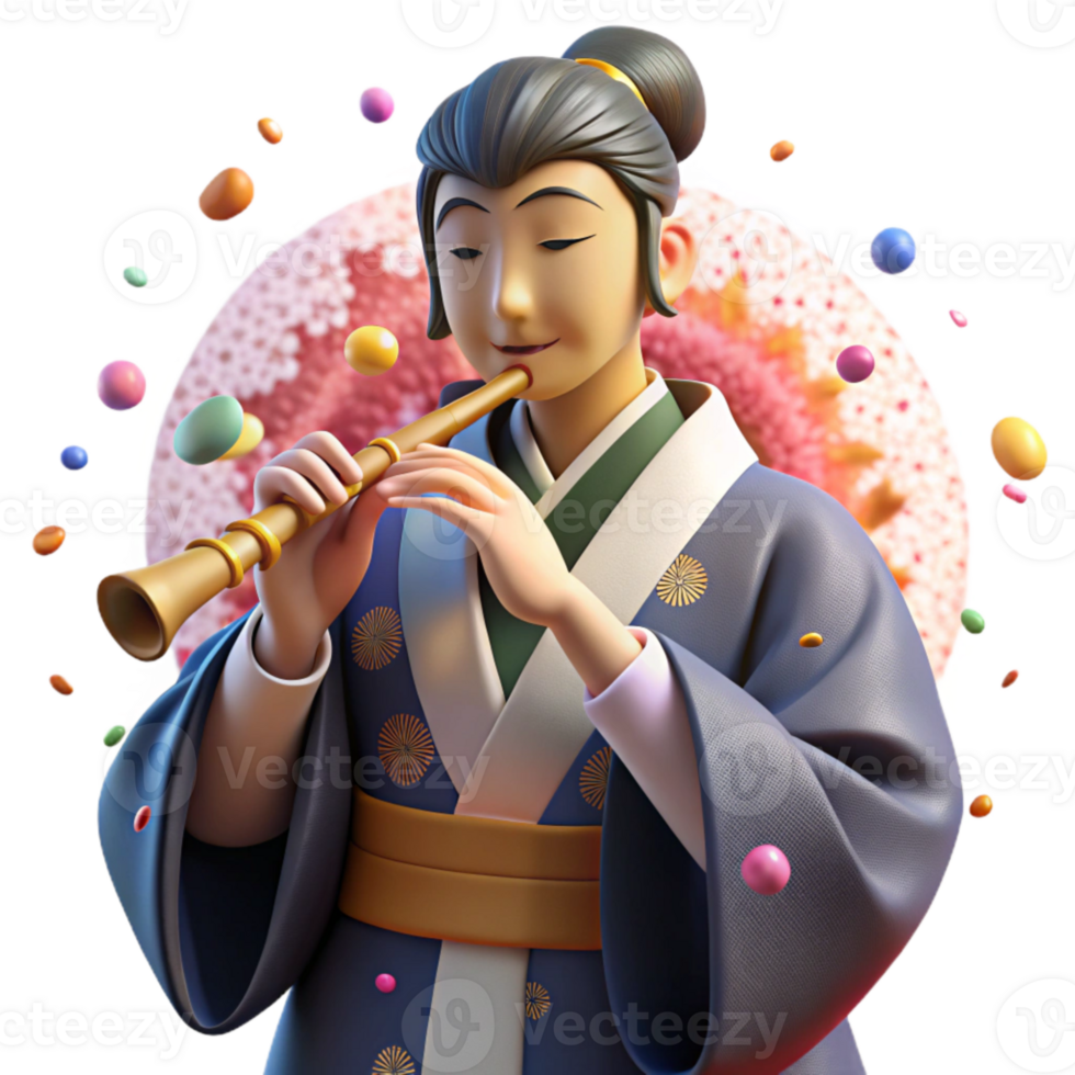 dramatic abstract Japanese Shakuhachi Player Kimono Detail Cutout professional png