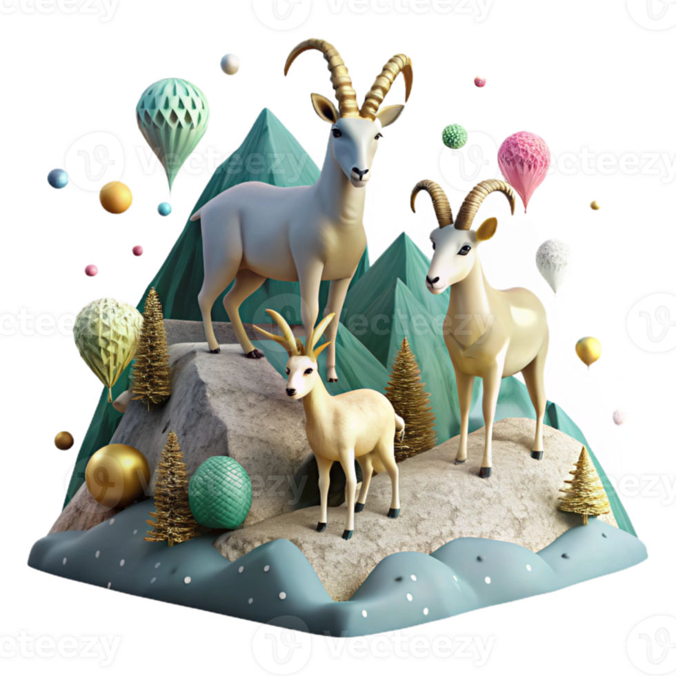 impressive abstract Mountain Goats Grazing on Slope Cutout with Realistic Animals premium png