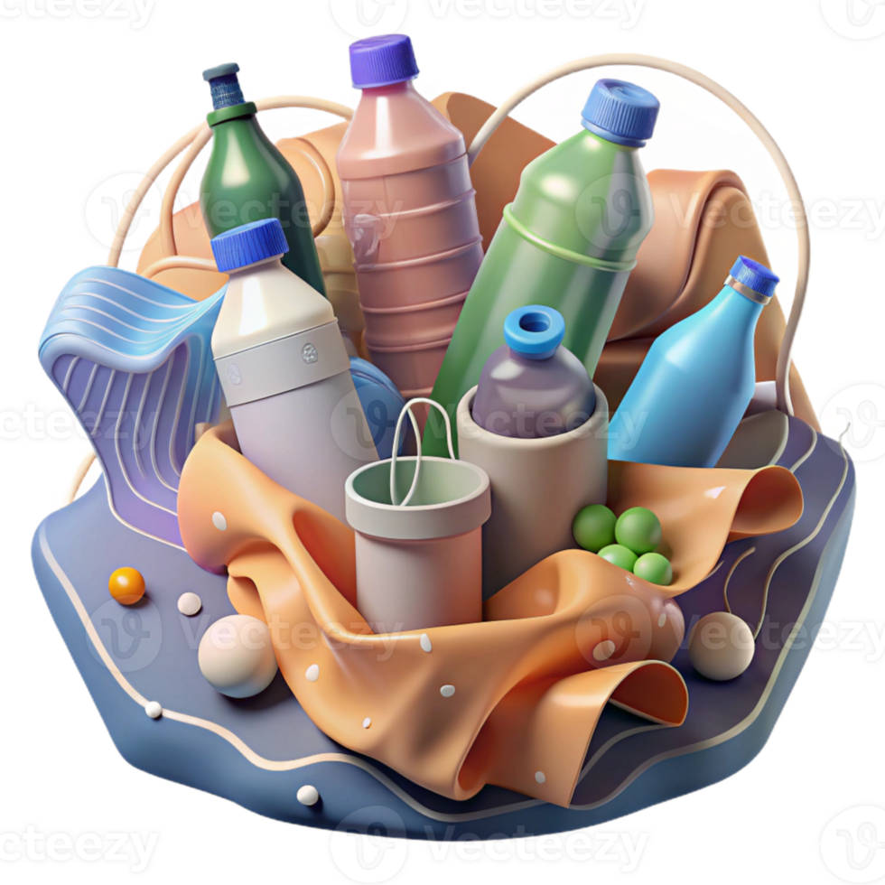 stunning creative Plastic Waste Illustration with Bottles and Bags Isolated high resolution png